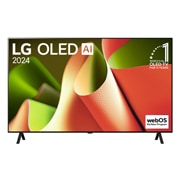 LG 65 collu LG OLED AI B4 4K viedtelevizors OLED65B4 WebOS24 2024, Priekšējais skats ar LG OLED TV, OLED AI B4, 11 gadu pasaules Nr. 1 OLED TV emblēma un webOS Re:New Program logotips ekrānā ar 2 kāju statīvu, OLED65B43LA, thumbnail 1