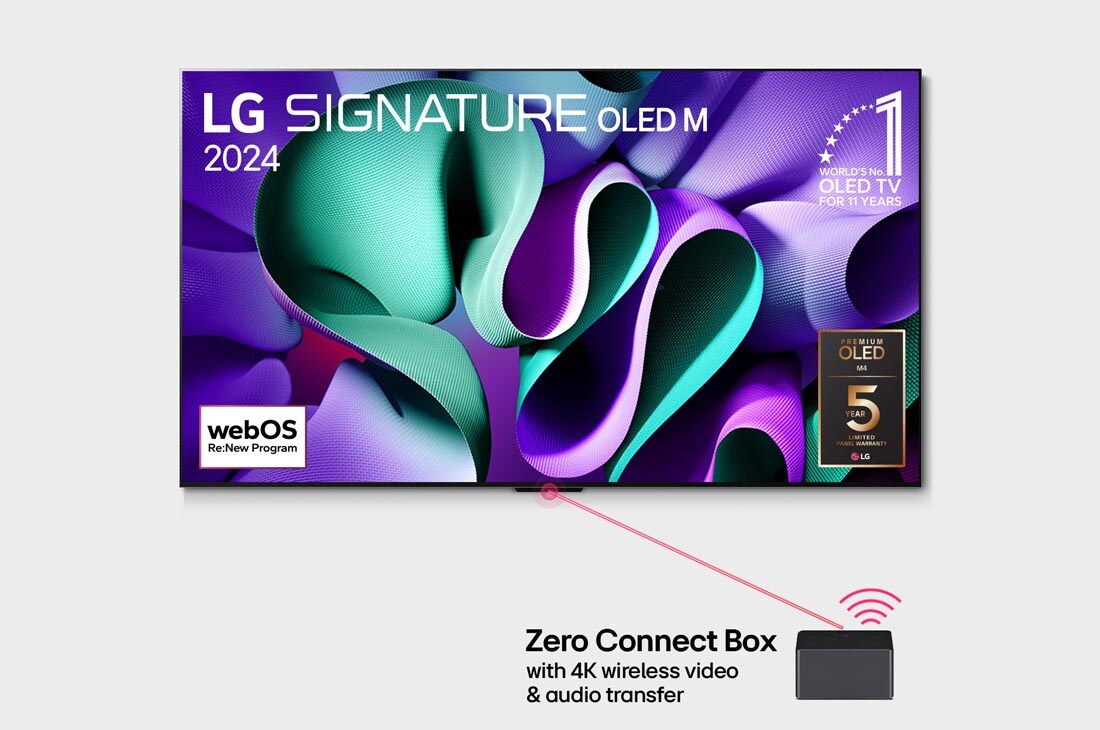 LG True Wireless TV 97 collu LG SIGNATURE OLED M4 ar 4K 120Hz video un audio pārsūtīšanu , Skats no priekšpuses ar LG OLED TV, OLED M4 SIGNATURE, 11 gadi pasaulē vadošā OLED emblēma, webOS Re:New Program logotips, , OLED97M49LA, thumbnail 2