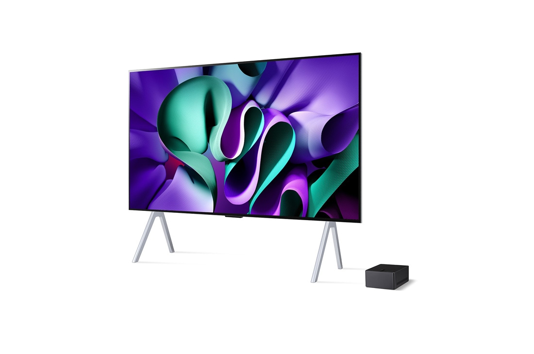 LG True Wireless TV 97 collu LG SIGNATURE OLED M4 ar 4K 120Hz video un audio pārsūtīšanu , Nedaudz slīps skats pa kreisi uz LG OLED M4 uz statīva ar Zero Connect Box zem tā, OLED97M49LA, thumbnail 3