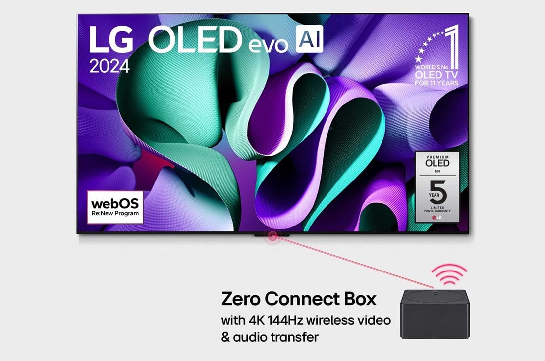 LG Pasaulē pirmais True Wireless TV 83 collu LG OLED evo AI M4 ar 4K 144Hz video un audio pārsūtīšanu , Skats no priekšpuses ar LG OLED evo TV, OLED M4, 11 gadi pasaulē vadošā OLED emblēma, webOS Re:New Program logotips, 5 gadu paneļa garantijas logotips uz ekrāna un Zero Connect Box ar 4K 144Hz bezvadu, OLED83M49LA