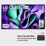 LG Pasaulē pirmais True Wireless TV 65 collu LG OLED evo AI M4 ar 4K 144Hz video un audio pārsūtīšanu , Skats no priekšpuses ar LG OLED evo TV, OLED M4, 11 gadi pasaulē vadošā OLED emblēma, webOS Re:New Program logotips, 5 gadu paneļa garantijas logotips uz ekrāna un Zero Connect Box ar 4K 144Hz bezvadu, OLED65M49LA, thumbnail 1