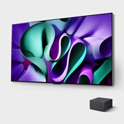 LG Pasaulē pirmais True Wireless TV 65 collu LG OLED evo AI M4 ar 4K 144Hz video un audio pārsūtīšanu , LG OLED evo TV sānskats pa kreisi, OLED M4 uz sienas un Zero Connect Box, kas novietots zem TV, OLED65M49LA, thumbnail 2