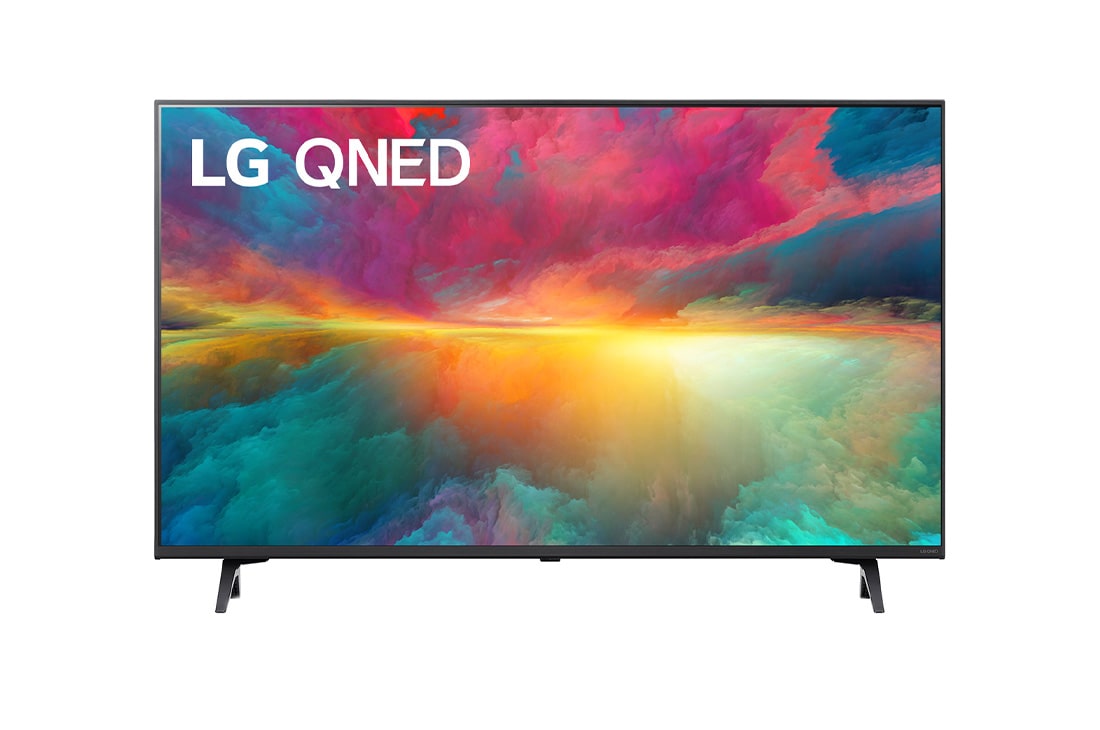 LG 43 collu LG QNED AI 4K viedtelevizors QNED77 WebOS24 2024, LG 43 collu LG QNED QNED75 4K Smart TV 43QNED75, Skats no priekšpuses uz LG QNED televizoru ar aizpildošo attēlu un produkta logotipu, 43QNED753RA, 43QNED773RB