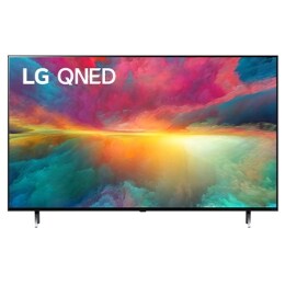 LG 75 collu LG QNED QNED75 4K Smart TV 75QNED75, Skats no priekšpuses uz LG QNED televizoru ar aizpildošo attēlu un produkta logotipu, 75QNED753RA2