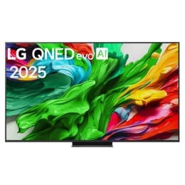 Skats no priekšpuses ar LG QNED evo QNED85 TV, LG QNED evo Al logotips augšējā stūrī. LG QNED evo QNED85 TV ir attēlotas krāsainas tekstūras, kas saplūst kopā.