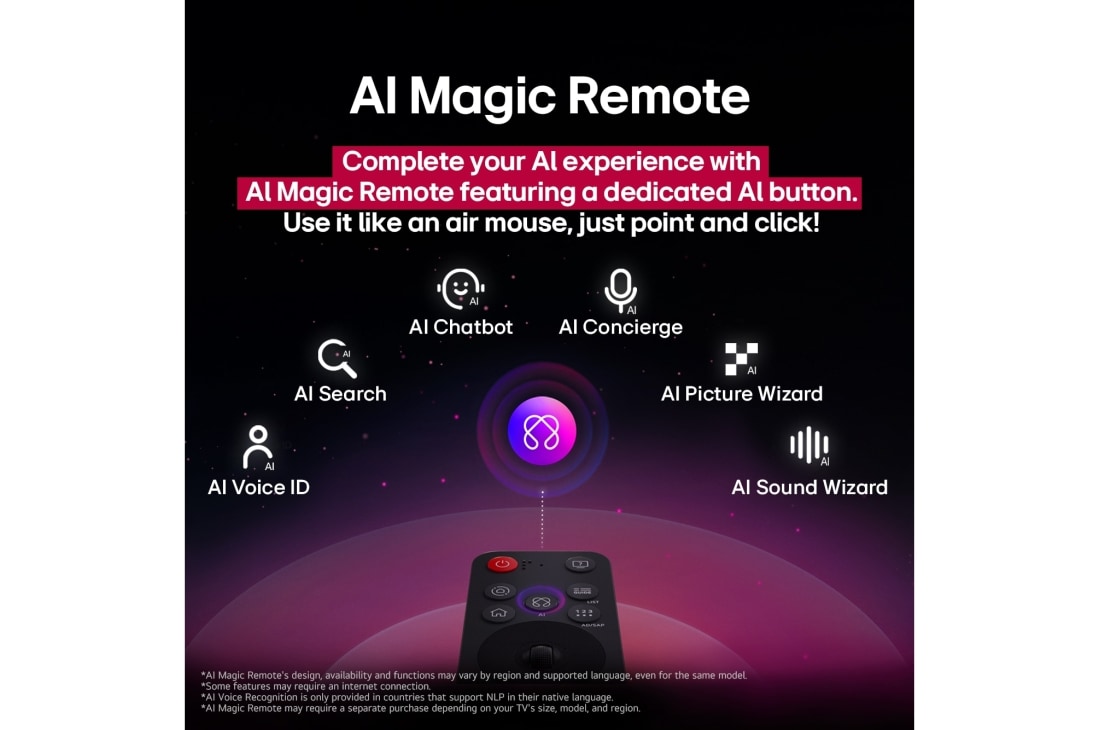 LG 43 collu LG QNED AI 4K viedtelevizors QNED82 2025, LG TV ekrāns ar AI Magic Remote tālvadības pulti priekšplānā. AI poga izcelta un runas burbulis parāda tekstu “Suggest a movie I like” (“Iesaki filmu, kas man varētu patikt”). Ekrānā redzama lietotāja, 43QNED82A3B, thumbnail 11