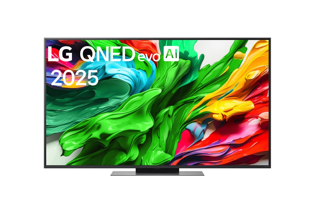 LG 55 collu LG QNED evo AI 4K viedtelevizors QNED86 2025, Skats no priekšpuses ar LG QNED evo QNED86 TV, LG QNED evo Al logotips augšējā stūrī. LG QNED evo QNED86 TV ir attēlotas krāsainas tekstūras, kas saplūst kopā., 55QNED86A3A