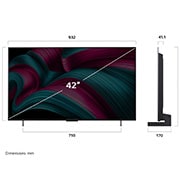LG 42 collu LG OLED evo AI C5 4K viedtelevizors OLED42C51 2025, Skats no priekšpuses un sāniem ar LG OLED evo AI C5 4K Smart TV, kas parāda tā garuma, platuma, augstuma un dziļuma izmērus., OLED42C51LA, thumbnail 4