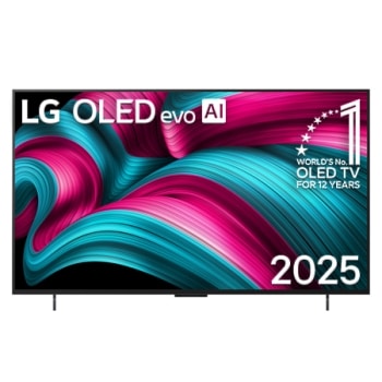 Skats no priekšpuses ar LG OLED evo AI C5 4K Smart TV. Ekrānā ir redzams 12&nbsp;gadus pasaulē vadošā OLED emblēma un LG OLED evo AI&nbsp;2025 logotips.