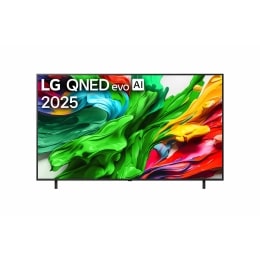 Skats no priekšpuses ar LG QNED evo QNED85 TV, LG QNED evo Al logotips augšējā stūrī. LG QNED evo QNED85 TV ir attēlotas krāsainas tekstūras, kas saplūst kopā.2