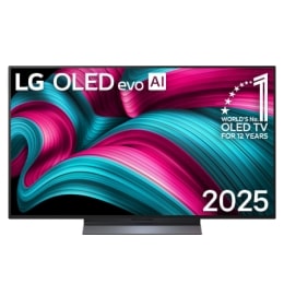 Skats no priekšpuses ar LG OLED evo AI C5 4K Smart TV. Ekrānā ir redzams 12&nbsp;gadus pasaulē vadošā OLED emblēma un LG OLED evo AI&nbsp;2025 logotips.