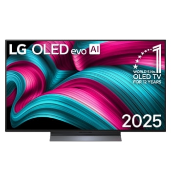 Skats no priekšpuses ar LG OLED evo AI C5 4K Smart TV. Ekrānā ir redzams 12&nbsp;gadus pasaulē vadošā OLED emblēma un LG OLED evo AI&nbsp;2025 logotips.