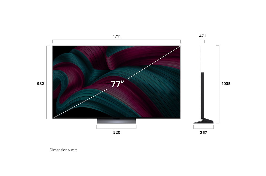 LG 77 collu LG OLED evo AI C5 4K viedtelevizors OLED77C51 2025, Skats no priekšpuses un sāniem ar LG OLED evo AI C5 4K Smart TV, kas parāda tā garuma, platuma, augstuma un dziļuma izmērus., OLED77C51LA, thumbnail 4