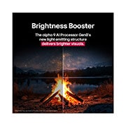 LG 77 collu LG OLED evo AI C5 4K viedtelevizors OLED77C51 2025, Naktī ugunskurs dabas vidū. Tālumā redzams mežs un ezers. Vakara debesis ar zvaigznēm. Visa aina ir sadalīta uz pusēm. Viena puse ir tumšāka un blāvāka. Otra puse ir ievērojami spilgtāka, demonstrējot, OLED77C51LA, thumbnail 6