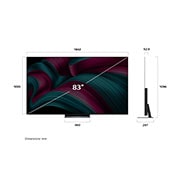 LG 83 collu LG OLED evo AI C5 4K viedtelevizors OLED83C56 2025, Skats no priekšpuses un sāniem ar LG OLED evo AI C5 4K Smart TV, kas parāda tā garuma, platuma, augstuma un dziļuma izmērus., OLED83C56LA, thumbnail 4