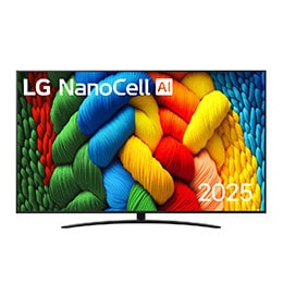Skats no priekšpuses ar NanoCell TV, LG NanoCell Al logotips augšējā stūrī. LG NanoCell NANO80 TV ir attēlotas krāsainas peintsikas tekstūras, kas saplūst kopā.2