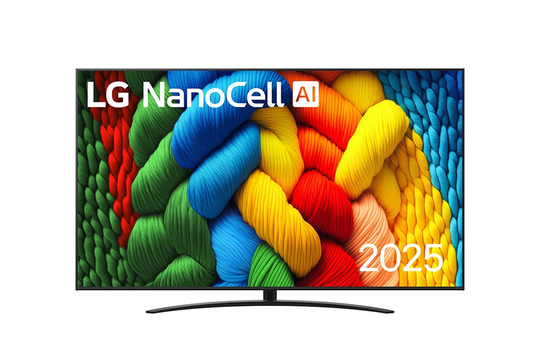 LG 86 collu LG NanoCell AI 4K viedtelevizors NANO81 2025, Skats no priekšpuses ar NanoCell TV, LG NanoCell Al logotips augšējā stūrī. LG NanoCell NANO80 TV ir attēlotas krāsainas peintsikas tekstūras, kas saplūst kopā., 86NANO81A3A