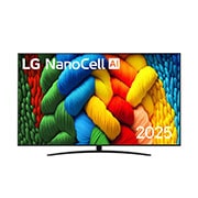 LG 86 collu LG NanoCell AI 4K viedtelevizors NANO81 2025, Skats no priekšpuses ar NanoCell TV, LG NanoCell Al logotips augšējā stūrī. LG NanoCell NANO80 TV ir attēlotas krāsainas peintsikas tekstūras, kas saplūst kopā., 86NANO81A3A, thumbnail 1