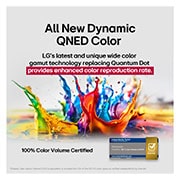 LG 75 collu LG QNED AI 4K viedtelevizors QNED84 2025 , Skats no priekšpuses un sāniem ar LG QNED82 AI 4K Smart TV, kas parāda tā garuma, platuma, augstuma un dziļuma izmērus., 75QNED84A3C, thumbnail 5