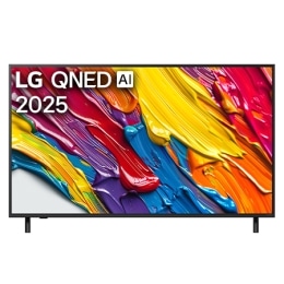 Skats no priekšpuses ar LG QNED82 TV, LG QNED Al logotips augšējā stūrī. LG QNED TV ir attēlotas krāsainas peintsikas tekstūras, kas saplūst kopā.2