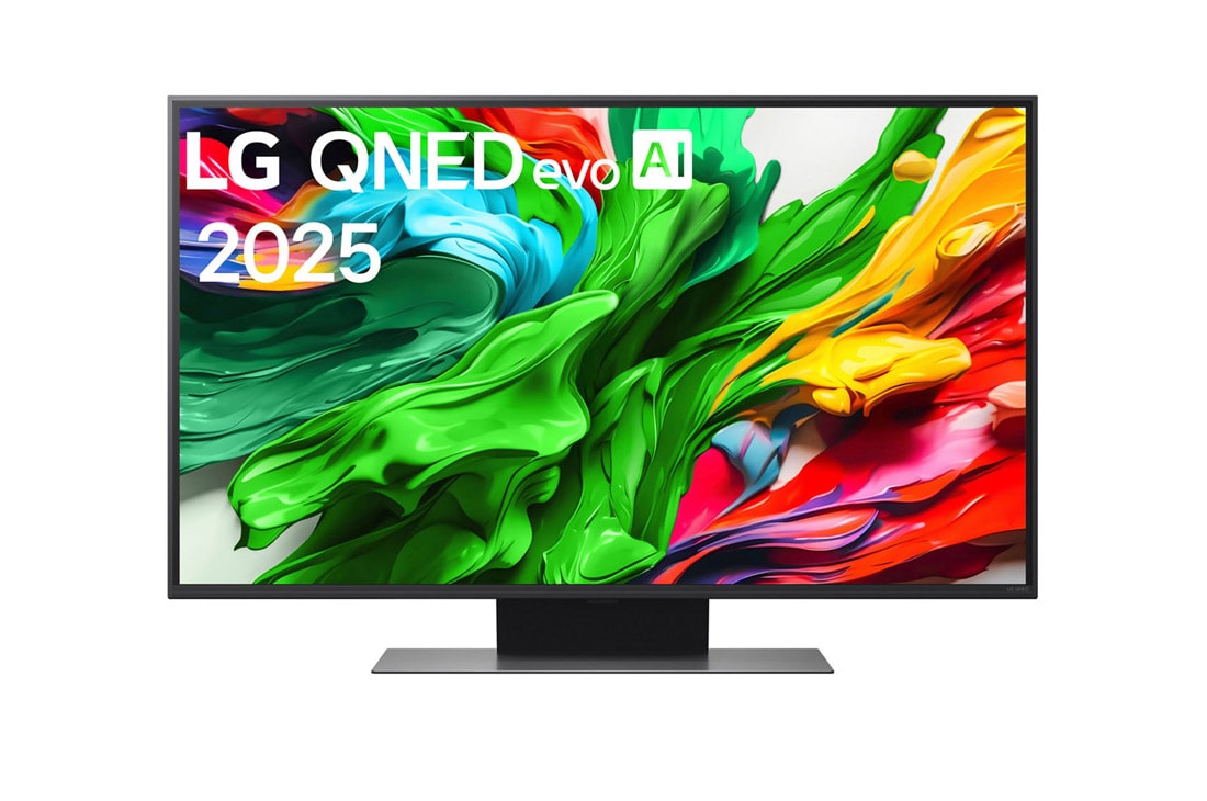 LG 43 collu LG QNED evo AI 4K viedtelevizors QNED86 2025, Skats no priekšpuses ar LG QNED evo QNED86 TV, LG QNED evo Al logotips augšējā stūrī. LG QNED evo QNED86 TV ir attēlotas krāsainas tekstūras, kas saplūst kopā., 43QNED86A3C