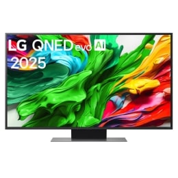 Skats no priekšpuses ar LG QNED evo QNED86TV, LG QNED evo Al logotips augšējā stūrī. LG QNED evo QNED86TV ir attēlotas krāsainas tekstūras, kas saplūst kopā.2