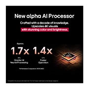 LG 100 collu LG QNED evo AI MiniLED 4K viedtelevizors QNED86 2025, The alpha 8 AI Processor Gen2 lights up orange and pink, and colorful bolts of light shoot out from it. The title talks about how the processor delivers 4K quality, stunning color and brightness. Imag, 100QNED86A6, thumbnail 4