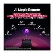 LG 100 collu LG QNED evo AI MiniLED 4K viedtelevizors QNED86 2025, LG AI Magic Remote against an abstract background. The AI button is highlighted. There is a graphic UI representation with icons of how the AI button allows users to access different AI functionality., 100QNED86A6, thumbnail 5