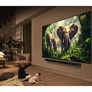 LG 100 collu LG QNED evo AI MiniLED 4K viedtelevizors QNED86 2025, LG AI Magic Remote priekšplānā. Iezīmēta AI Button ikona. Fonā ir LG webOS lietotāja saskarne. Peles kursors norāda, ka tiek izmantota tālvadības pults. Tekstā ir paskaidrots, kā tālvadības pults funk, 100QNED86A6, thumbnail 12