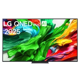 Skats no priekšpuses ar LG QNED evo QNED85 TV, LG QNED evo Al logotips augšējā stūrī. LG QNED evo QNED85 TV ir attēlotas krāsainas tekstūras, kas saplūst kopā.2