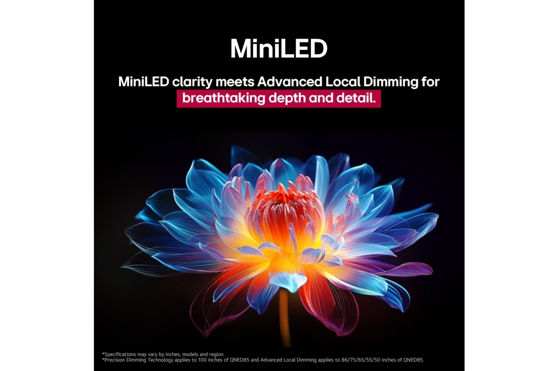 LG 65 collu LG QNED evo AI MiniLED 4K viedtelevizors QNED87 2025, 3D hologrāfisks zieds dažādās nokrāsās un izteikti toņi uz melna fona. Zieda izšķirtspēja un detaļas prezentē QNED MiniLED iespēju attēlot izcilas krāsas, spilgtumu un kontrastu. Nosaukumā ir runāts p, 65QNED87A3B, thumbnail 8