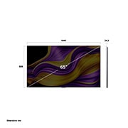 LG 65 collu LG OLED evo AI G5 4K viedtelevizors OLED65G5 2025, Skats no priekšpuses un sāniem ar LG OLED evo AI G5 4K Smart TV, kas parāda tā garuma, platuma, augstuma un dziļuma izmērus., OLED65G51LW, thumbnail 5