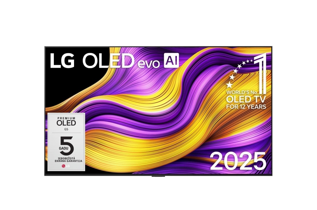 LG 65 collu LG OLED evo AI G5 4K viedtelevizors OLED65G5 2025, Skats no priekšpuses ar LG OLED evo AI G5 4K Smart TV. Ekrānā ir redzams 12 gadus pasaulē vadošā OLED emblēma un LG OLED evo AI 2025 logotips., OLED65G51LW
