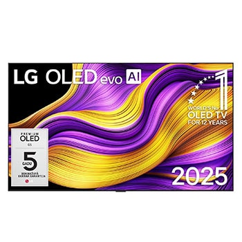 Skats no priekšpuses ar LG OLED evo AI G5 4K Smart TV. Ekrānā ir redzams 12&nbsp;gadus pasaulē vadošā OLED emblēma un LG OLED evo AI&nbsp;2025 logotips.