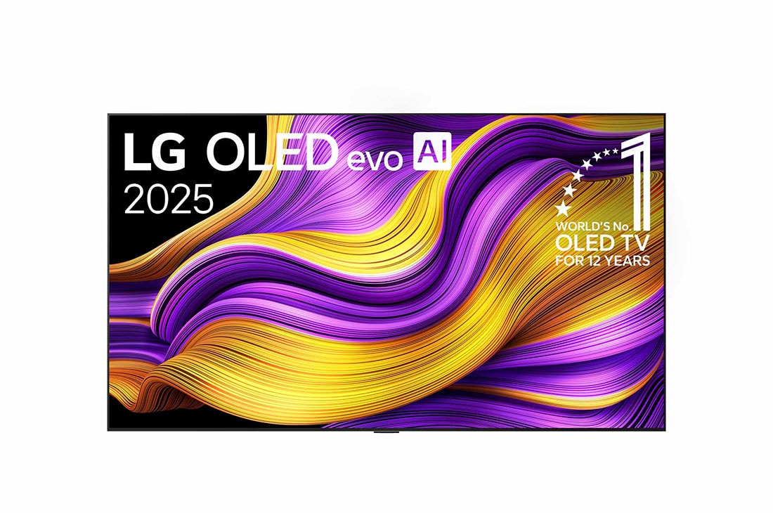 LG 83 collu LG OLED evo AI G5 4K viedtelevizors OLED83G5 2025, Skats no priekšpuses ar LG OLED evo AI G5 4K Smart TV. Ekrānā ir redzams 12 gadus pasaulē vadošā OLED emblēma un LG OLED evo AI 2025 logotips., OLED83G51LW