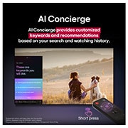 LG 50 collu LG QNED AI 4K viedtelevizors QNED84 2025, LG AI Magic Remote ar izceltu AI pogu. Ap to redzamas dažādas funkcijas, kam lietotājs var piekļūt, nospiežot pogu. AI Voice ID, AI Search, AI Chatbot, AI Concierge, AI Picture Wizard, AI Sound Wizard, 50QNED84A3C, thumbnail 12