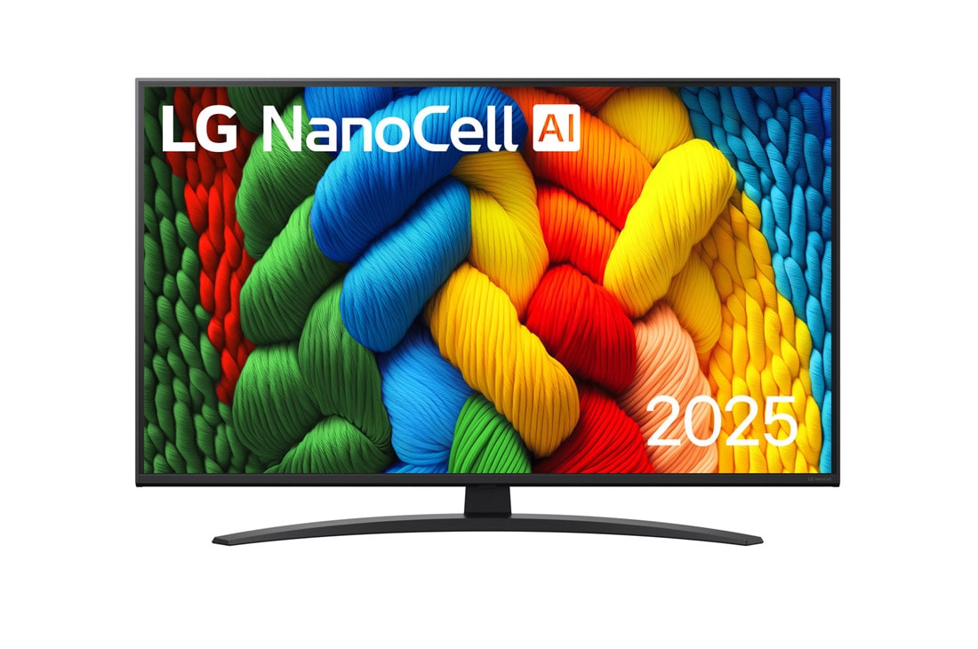 LG 43 collu LG NanoCell AI 4K viedtelevizors NANO81 2025, Skats no priekšpuses ar NanoCell TV, LG NanoCell Al logotips augšējā stūrī. LG NanoCell NANO80 TV ir attēlotas krāsainas peintsikas tekstūras, kas saplūst kopā., 43NANO81A3A