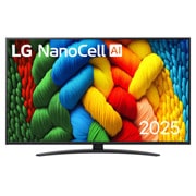 LG 50 collu LG NanoCell AI 4K viedtelevizors NANO81 2025, Skats no priekšpuses ar NanoCell TV, LG NanoCell Al logotips augšējā stūrī. LG NanoCell NANO80 TV ir attēlotas krāsainas peintsikas tekstūras, kas saplūst kopā., 50NANO81A3A, thumbnail 1