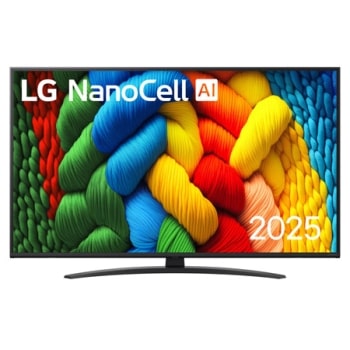 Skats no priekšpuses ar NanoCell TV, LG NanoCell Al logotips augšējā stūrī. LG NanoCell NANO80 TV ir attēlotas krāsainas peintsikas tekstūras, kas saplūst kopā.1