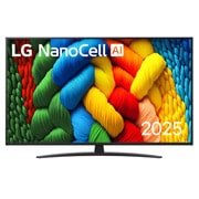LG 55 collu LG NanoCell AI 4K viedtelevizors NANO81 2025, Skats no priekšpuses ar NanoCell TV, LG NanoCell Al logotips augšējā stūrī. LG NanoCell NANO80 TV ir attēlotas krāsainas peintsikas tekstūras, kas saplūst kopā., 55NANO81A3A, thumbnail 1