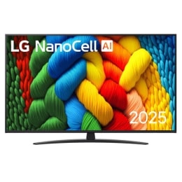 Skats no priekšpuses ar NanoCell TV, LG NanoCell Al logotips augšējā stūrī. LG NanoCell NANO80 TV ir attēlotas krāsainas peintsikas tekstūras, kas saplūst kopā.2