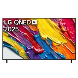 Skats no priekšpuses ar LG QNED82 TV, LG QNED Al logotips augšējā stūrī. LG QNED TV ir attēlotas krāsainas peintsikas tekstūras, kas saplūst kopā.2