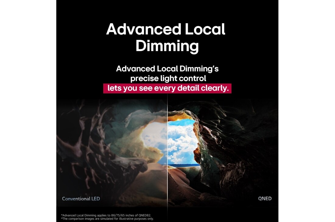 LG 55 collu LG QNED AI 4K viedtelevizors QNED82 2025, Perspektīva no alas iekšpuses ar skaut uz izeju, kur redzams horizonts un zilas debesis. Viss kadrs sadalīts uz pusēm, parādot QNED uzlaboto lokālo aptumšošanu. Vienā pusē krāsas un detaļas ir izbalēj, 55QNED82A3B, thumbnail 9
