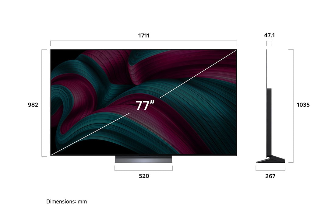 LG 77 collu LG OLED evo AI C5 4K viedtelevizors OLED77C52 2025, Skats no priekšpuses un sāniem ar LG OLED evo AI C5 4K Smart TV, kas parāda tā garuma, platuma, augstuma un dziļuma izmērus., OLED77C52LA, thumbnail 4