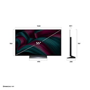 LG  55 collu LG OLED evo AI C5 4K viedtelevizors OLED55C52 2025, Skats no priekšpuses un sāniem ar LG OLED evo AI C5 4K Smart TV, kas parāda tā garuma, platuma, augstuma un dziļuma izmērus., OLED55C52LA, thumbnail 4