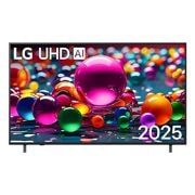 LG 65 collu LG UHD AI 4K viedtelevizors UA75 2025, Skats no priekšpuses ar UHD UA75 TV, LG UHD Al logotips augšējā stūrī. LG UHD TV ir attēlotas krāsainas, gleznainas tekstūras, kas saplūst kopā., 65UA75003LA, thumbnail 1