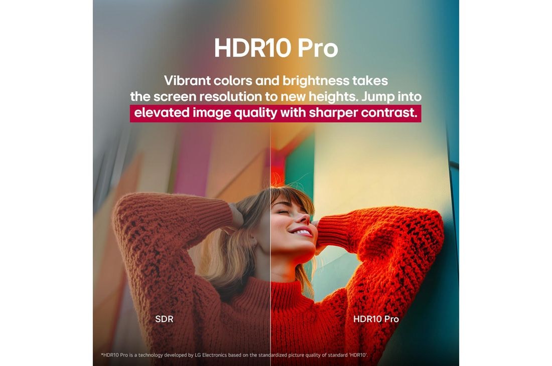 LG 55 collu LG UHD AI 4K viedtelevizors UA73 2025, Uz pusēm sadalīts fotoattēls, kurā redzama meitene sarkanā džemperī, lai parādītu kreiso pusi SDR režīmā un labo pusi kā HDR10 Pro. Attēla labā puse ir asāka un ar labāku kontrastu salīdzinājumā ar at, 55UA73003LA, thumbnail 7