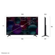 LG 55 collu LG UHD AI 4K viedtelevizors UA73 2025, Skats no priekšpuses un sāniem ar LG UHD AI UA73 4K Smart TV, kas parāda tā garuma, platuma, augstuma un dziļuma izmērus., 55UA73003LA, thumbnail 4