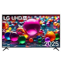 Skats no priekšpuses ar UHD UA75 TV, LG UHD Al logotips augšējā stūrī. LG UHD TV ir attēlotas krāsainas, gleznainas tekstūras, kas saplūst kopā.2