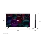 LG 65 collu LG UHD AI 4K viedtelevizors UA73 2025, Skats no priekšpuses un sāniem ar LG UHD AI UA73 4K Smart TV, kas parāda tā garuma, platuma, augstuma un dziļuma izmērus., 65UA73003LA, thumbnail 4
